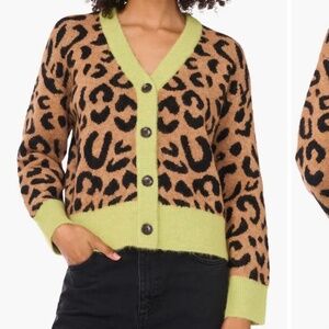 1.State Colorblock Lime Trim Leopard Fuzzy Slouchy Cardigan Sweater